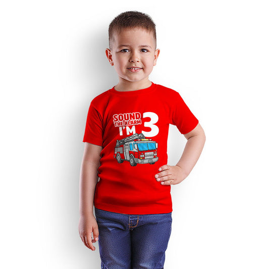 Sound The Alarm I Am Three Printed Red T-shirt For Kids / Boy - Right Marc