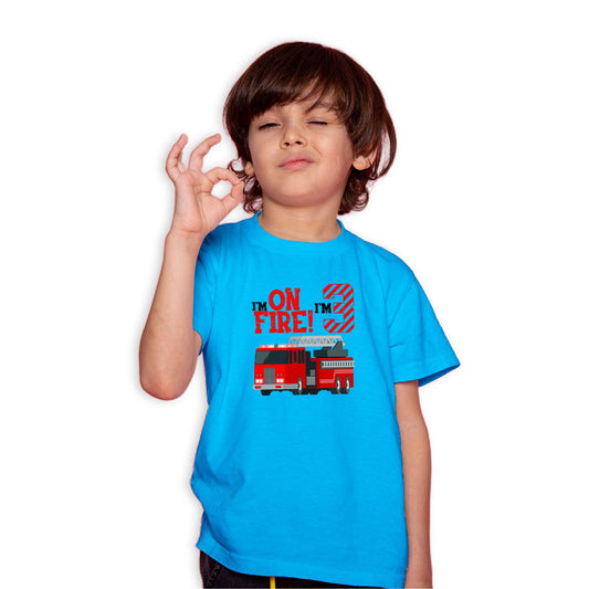 I Am On Fire I Am Three Printed Sky Blue T-shirt For Kids / Boy - Right Marc