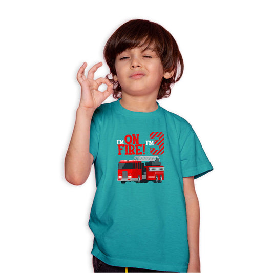 I Am On Fire I Am Three Printed Teal T-shirt For Kids / Boy - Right Marc