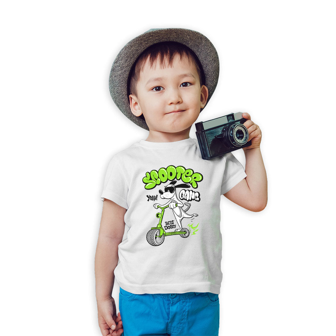 Doggy On Scooter Printed White T-shirt For Kids / Boy - Right Marc