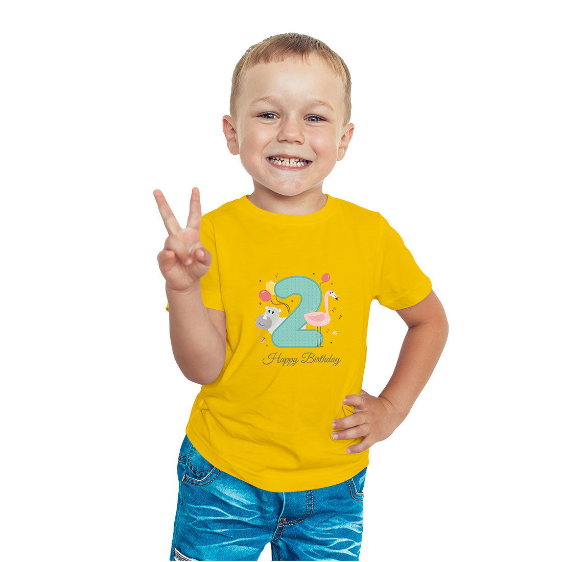 2nd Happy Birthday Printed Yellow T-shirt For Kids /Boy - Right Marc