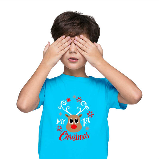 My First Christmas Printed Sky Blue T-shirt For Kids / Boy - Right Marc