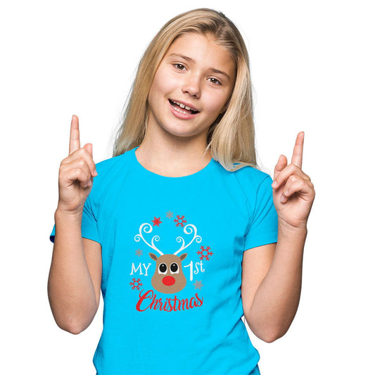 My First Christmas Printed Sky Blue T-shirt For Kids / Girl - Right Marc