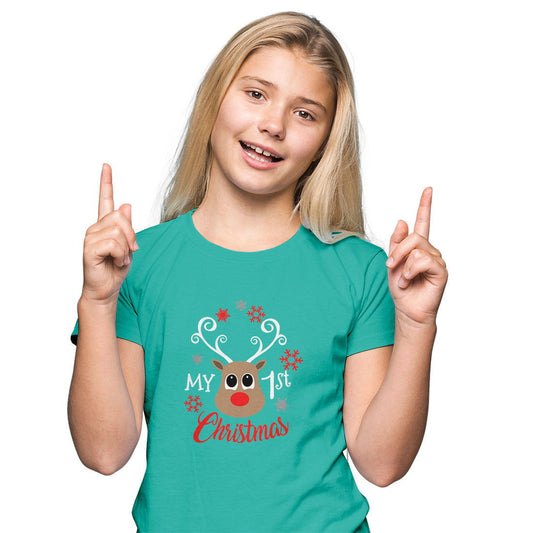 My First Christmas Printed Teal T-shirt For Kids / Girl - Right Marc