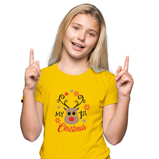 My First Christmas Printed Yellow T-shirt For Kids / Girl - Right Marc