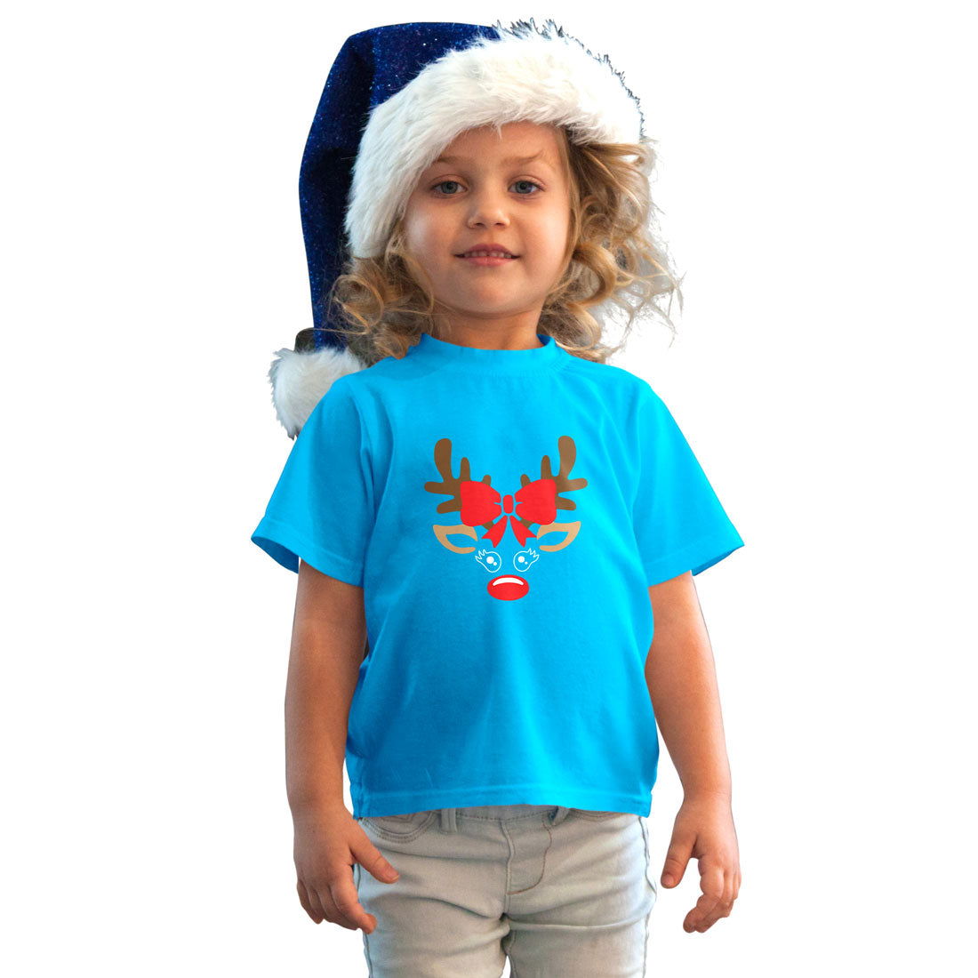 Reindeer Christmas Printed Sky Blue T-shirt For Kids / Girl - Right Marc