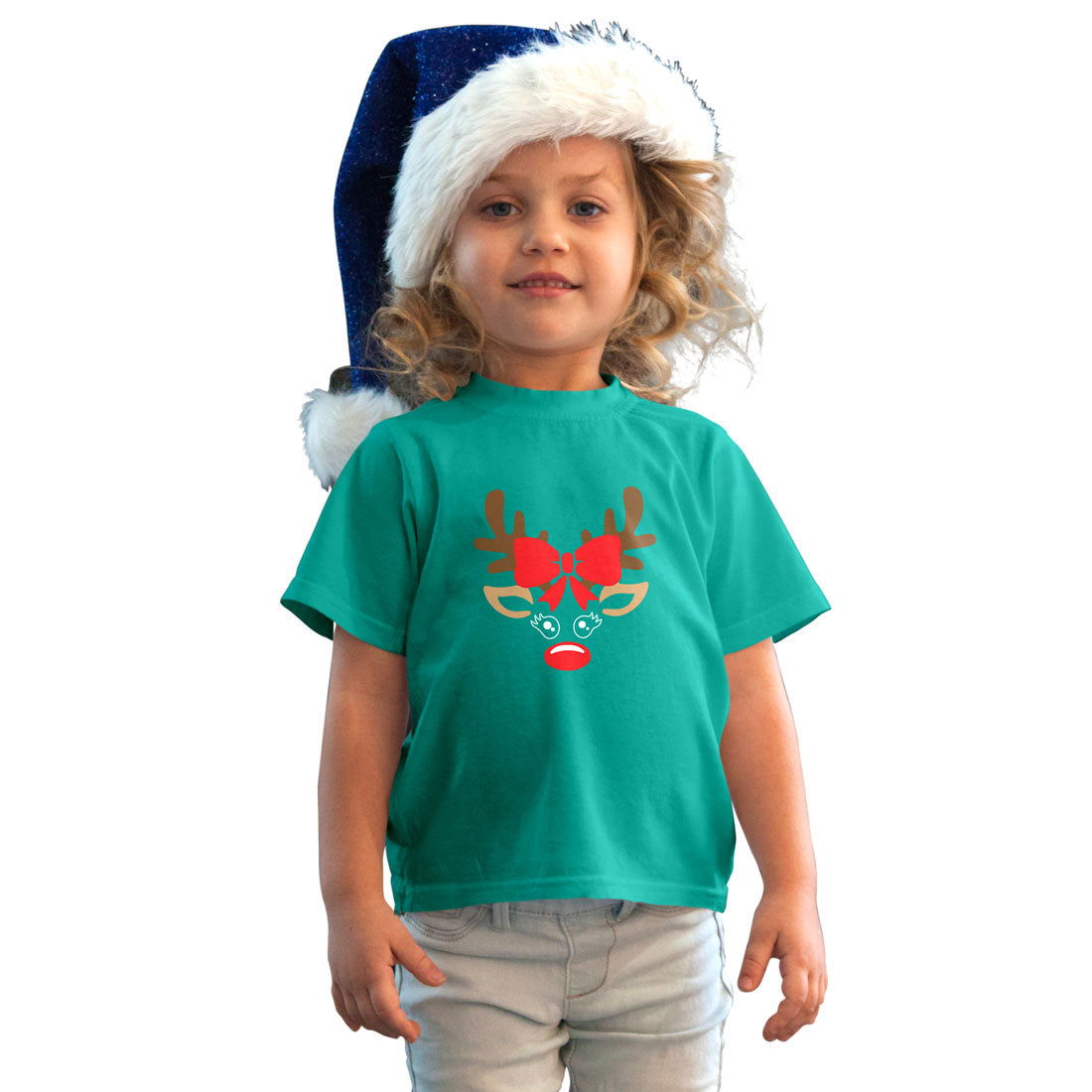 Reindeer Christmas Printed Teal T-shirt For Kids / Girl - Right Marc