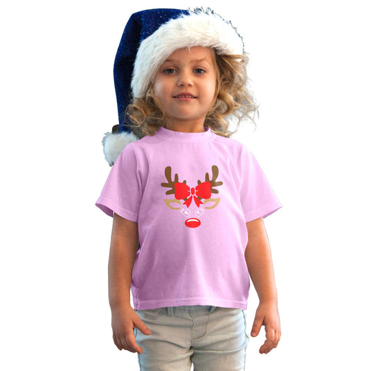 Reindeer Christmas Printed Soft Pink T-shirt For Kids / Girl - Right Marc