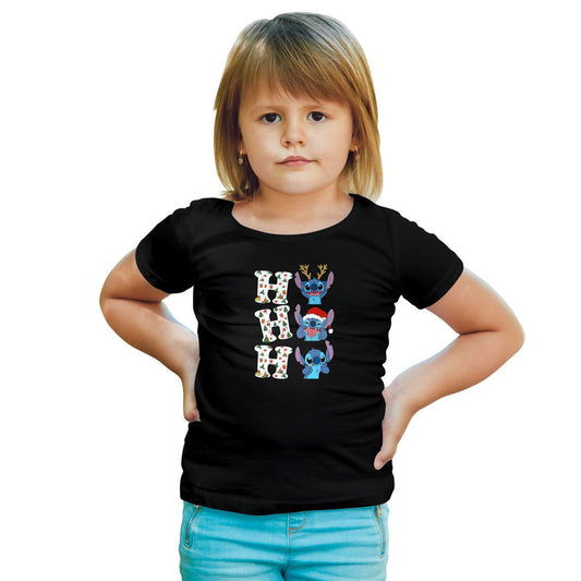 Ho Ho Ho Stitch Christmas Printed Black T-shirt For Kids / Girl - Right Marc