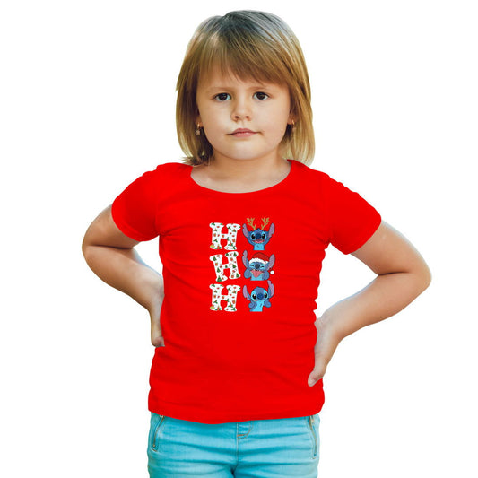 Ho Ho Ho Stitch Christmas Printed Red T-shirt For Kids / Girl - Right Marc