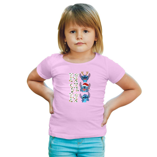 Ho Ho Ho Stitch Christmas Printed Soft Pink T-shirt For Kids / Girl - Right Marc