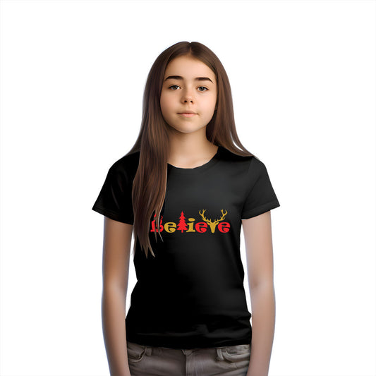 Believe Christmas Printed Black T-shirt For Kids / Girl - Right Marc