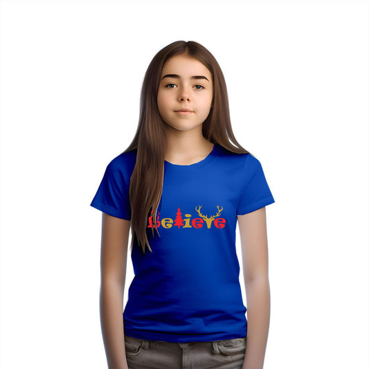 Believe Christmas Printed Royal Blue T-shirt For Kids / Girl - Right Marc