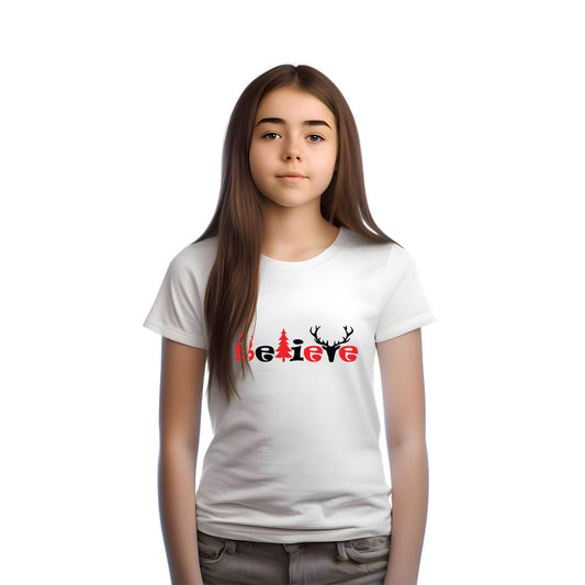 Believe Christmas Printed White T-shirt For Kids / Girl - Right Marc