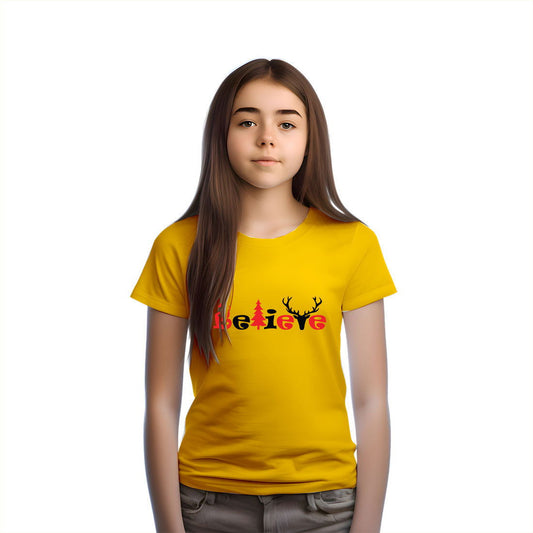 Believe Christmas Printed Yellow T-shirt For Kids / Girl - Right Marc