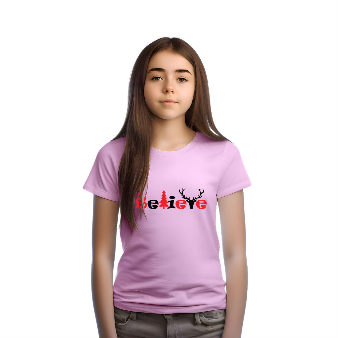 Believe Christmas Printed Soft Pink T-shirt For Kids / Girl - Right Marc