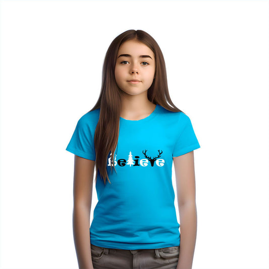 Believe Christmas Printed Sky Blue T-shirt For Kids / Girl - Right Marc