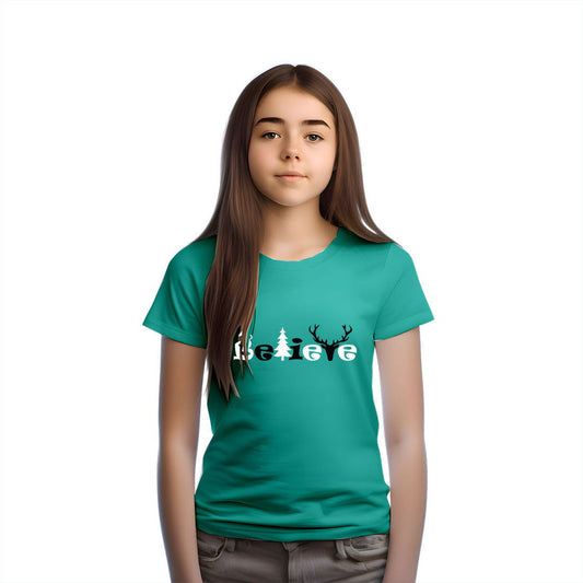 Believe Christmas Printed Teal T-shirt For Kids / Girl - Right Marc