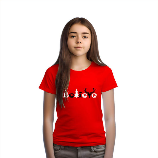 Believe Christmas Printed Red T-shirt For Kids / Girl - Right Marc