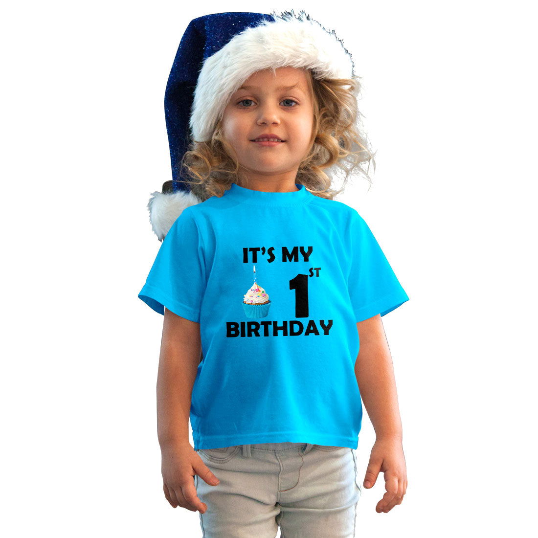 First Birthday Printed Sky Blue T-shirt For Kids / Girl - Right Marc