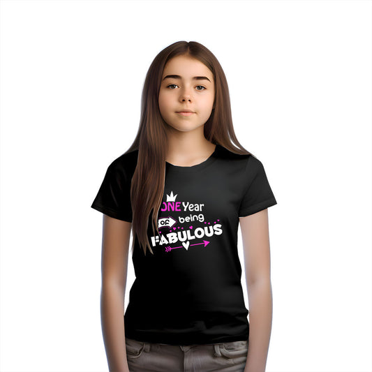 One Year Of Being Fabulous Printed Black T-shirt For Kids / Girl - Right Marc