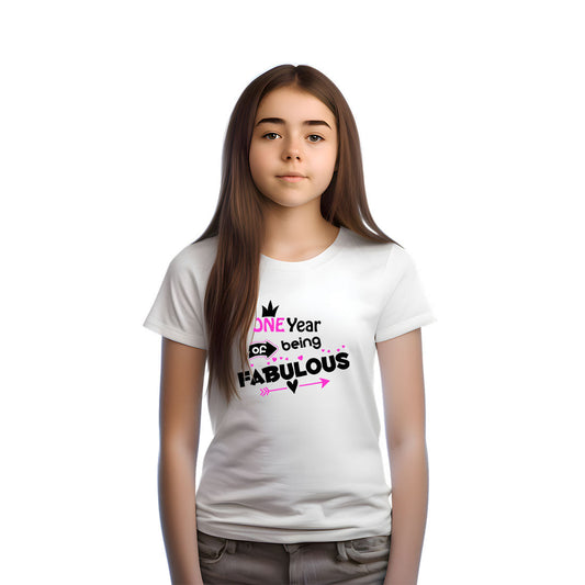 One Year Of Being Fabulous Printed White T-shirt For Kids / Girl - Right Marc