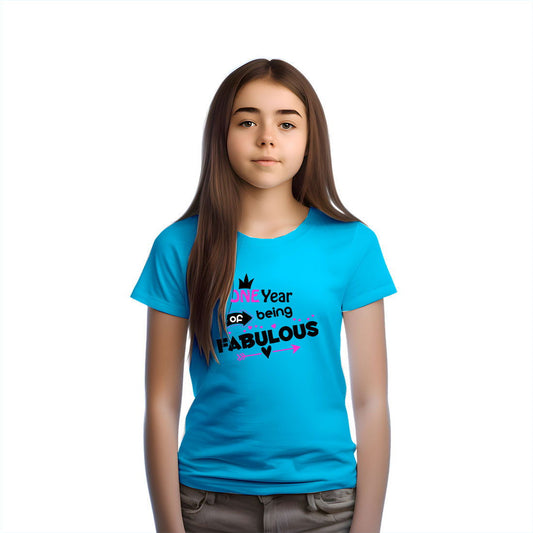 One Year Of Being Fabulous Printed Sky Blue T-shirt For Kids / Girl - Right Marc