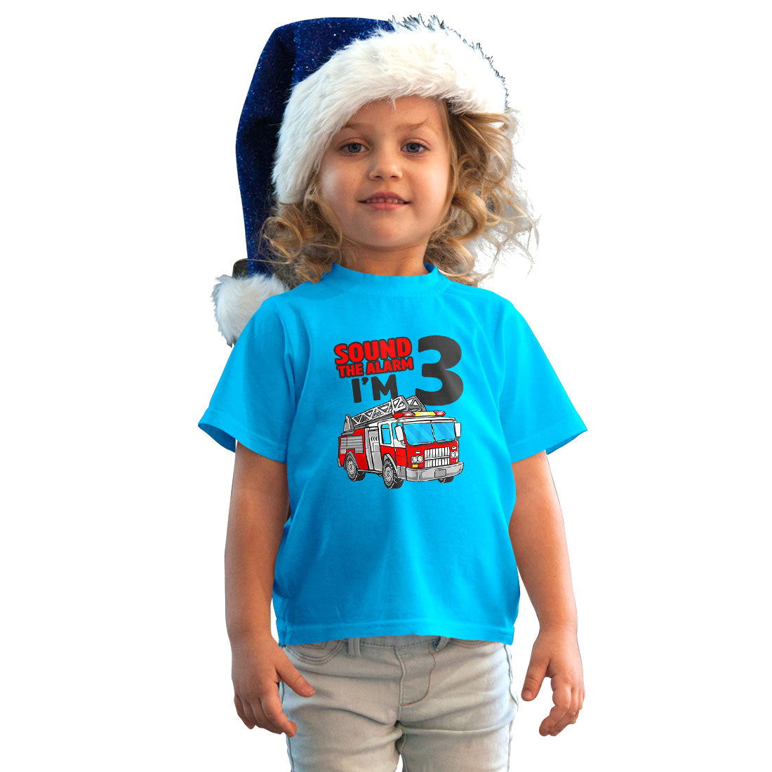 Sound The Alarm I Am Three Printed Sky Blue T-shirt For Kids / Girl - Right Marc