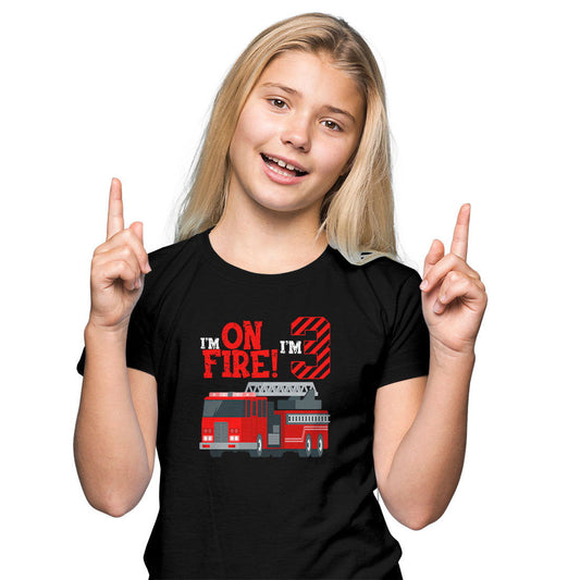 I Am On Fire I Am Three Printed Black T-shirt For Kids / Girl - Right Marc