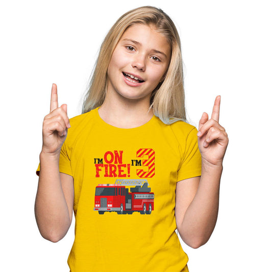 I Am On Fire I Am Three Printed Yellow T-shirt For Kids / Girl - Right Marc