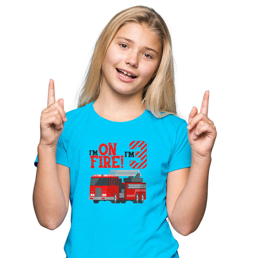 I Am On Fire I Am Three Printed Sky Blue T-shirt For Kids / Girl - Right Marc