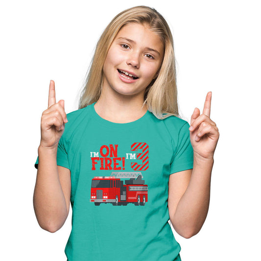 I Am On Fire I Am Three Printed Teal T-shirt For Kids / Girl - Right Marc