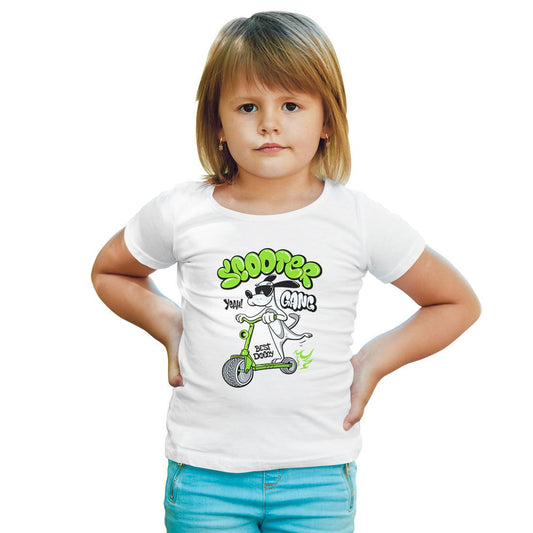 Doggy On Scooter Printed White T-shirt For Kids / Girl - Right Marc