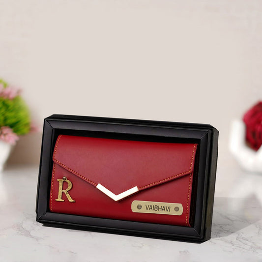 Ladies 3 Fold Clutch Lather Wallet with Name and Charm - Red / Wine