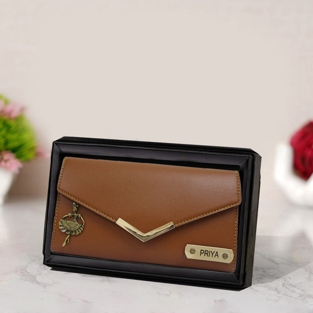 Ladies 3 Fold Clutch Leather Wallet with Name and Charm