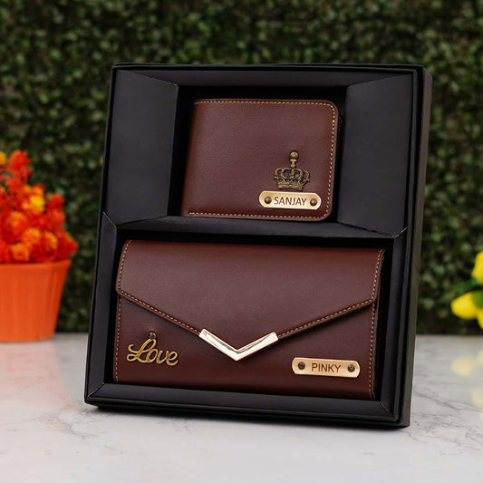 Ladies 3 Fold Clutch Leather Wallet & Men's Leather Wallet Couple Combo - Brown - Right Marc