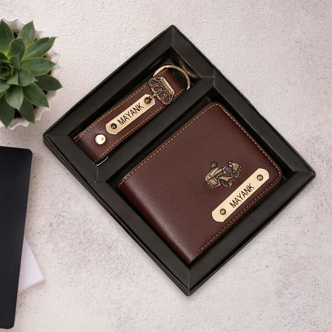 Men's Wallet and Keychain Indian Faux Leather Combo - Brown - Right Marc