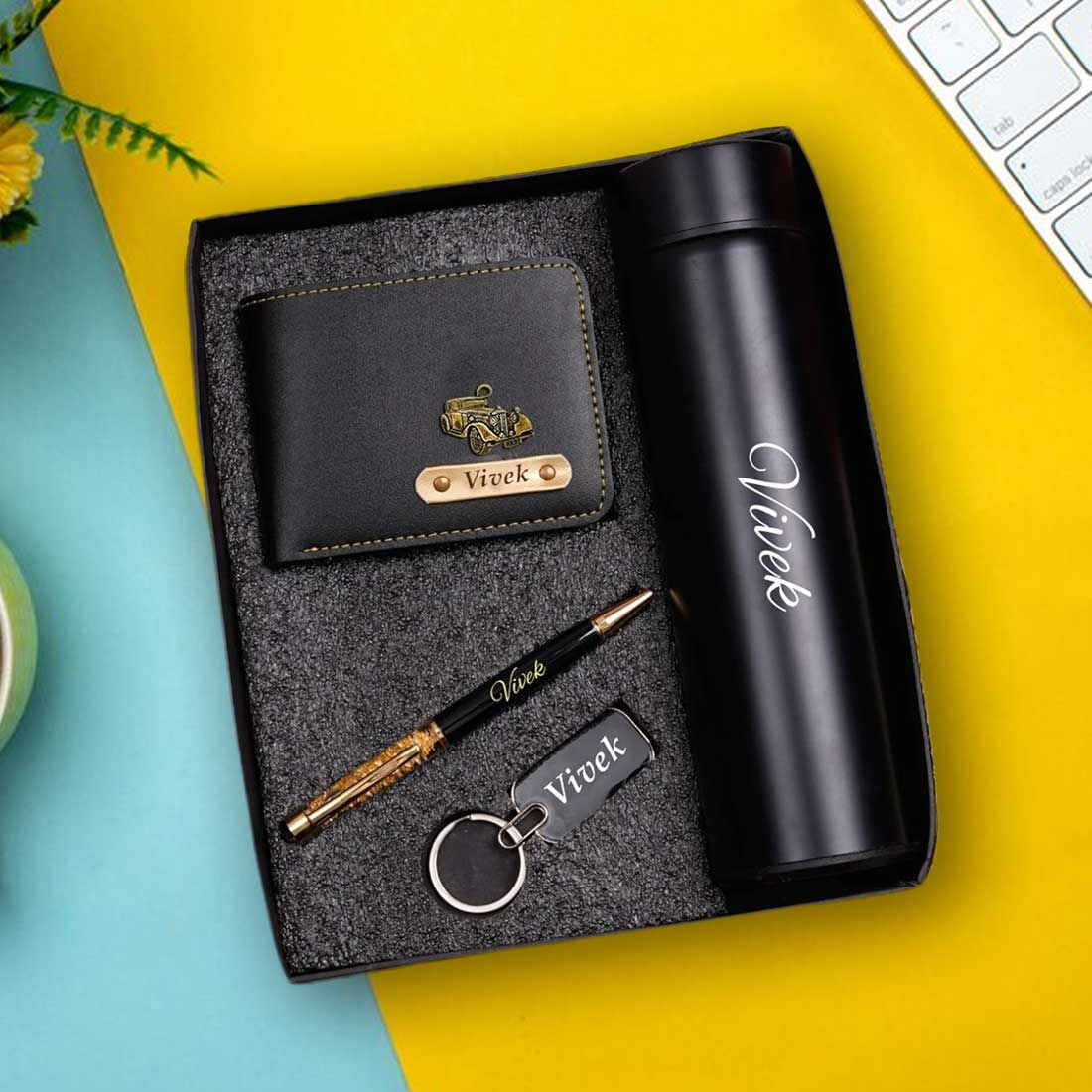 Personalized Men's Black Wallet, Keychain, Pen & Temperature Bottle Combo - Right Marc