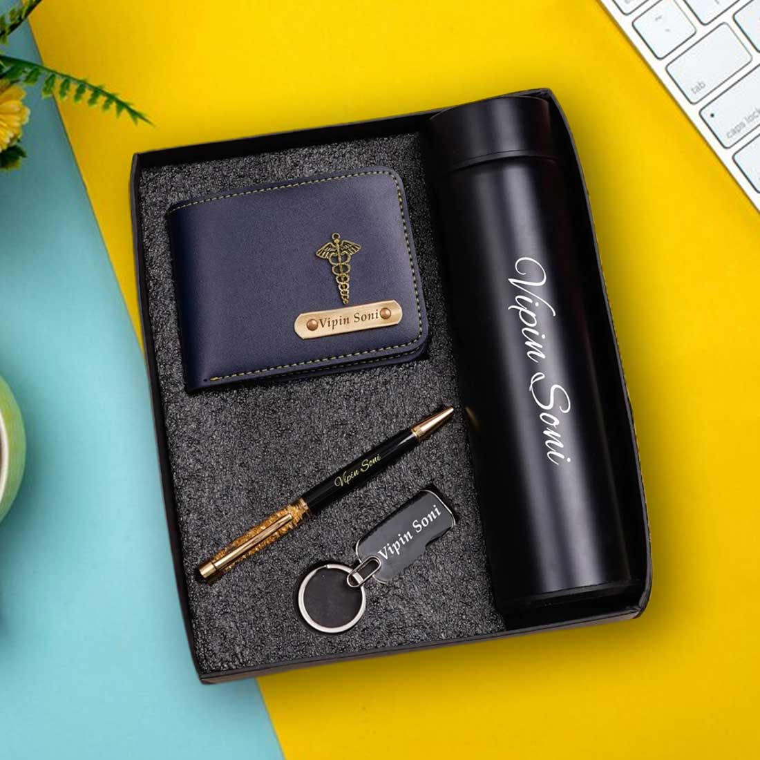 Personalized Men's Blue Wallet, Keychain, Pen & Temperature Bottle Combo - Right Marc