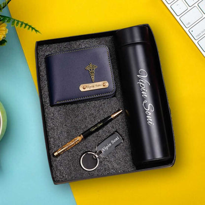 Personalized Men's Blue Wallet, Keychain, Pen & Temperature Bottle Combo - Right Marc
