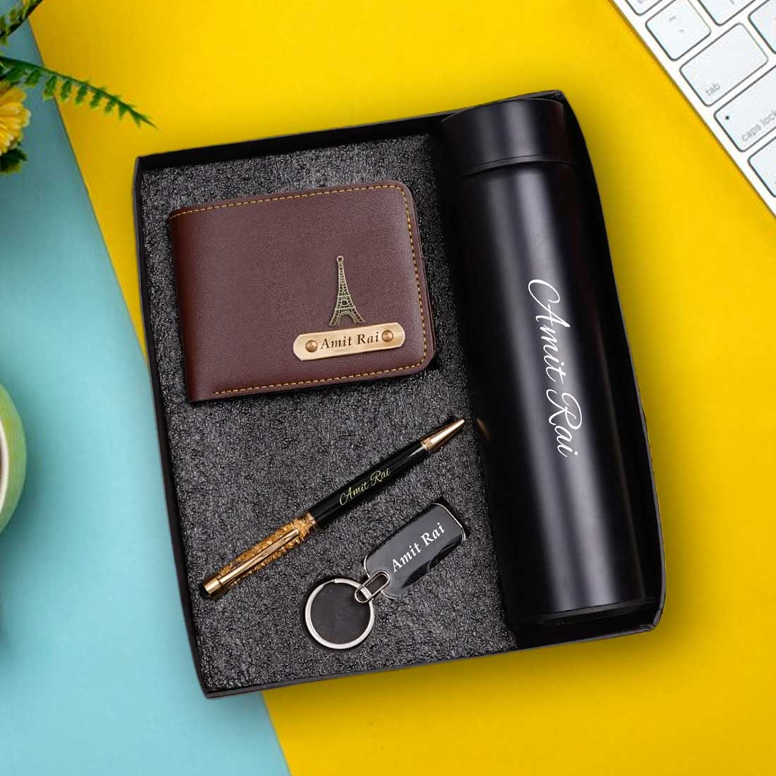 Personalized Men's Brown Wallet, Keychain, Pen & Temperature Bottle Combo - Right Marc