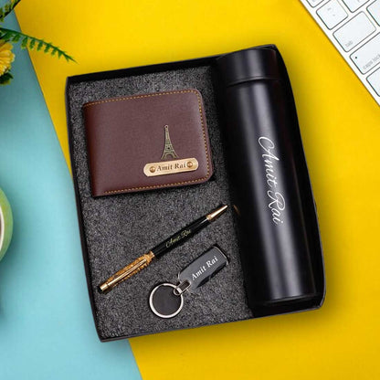 Personalized Men's Brown Wallet, Keychain, Pen & Temperature Bottle Combo - Right Marc