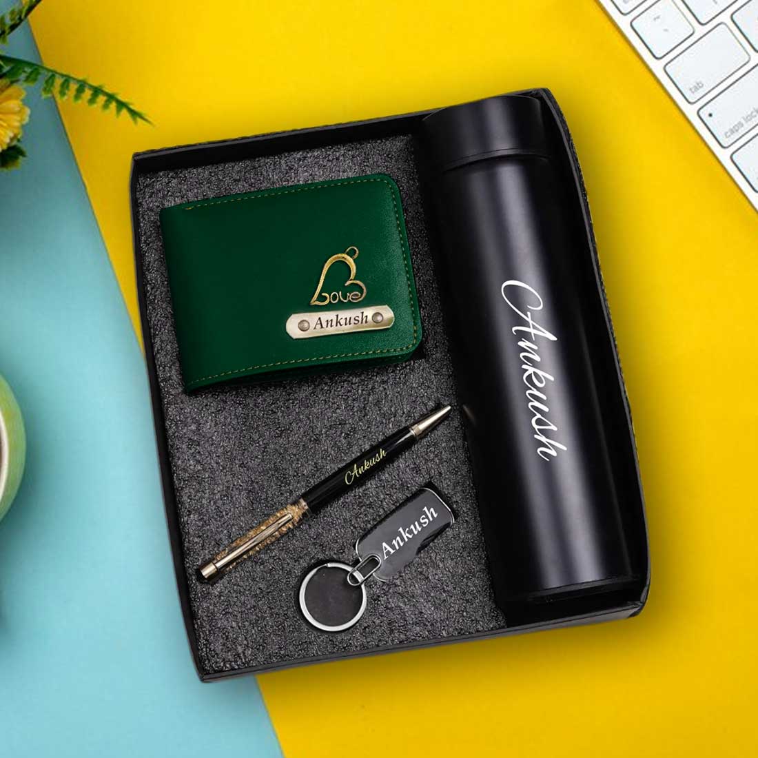 Personalized Men's Olive Green Wallet, Keychain, Pen & Temperature Bottle Combo - Right Marc