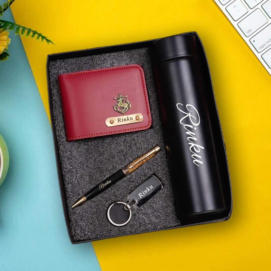 Personalized Men's Red / Wine Wallet, Keychain, Pen & Temperature Bottle Combo - Right Marc