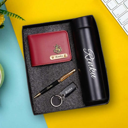 Personalized Men's Red / Wine Wallet, Keychain, Pen & Temperature Bottle Combo - Right Marc