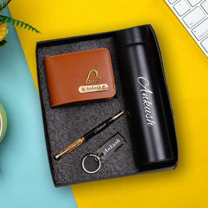 Personalized Men's Tan Wallet, Keychain, Pen & Temperature Bottle Combo - Right Marc