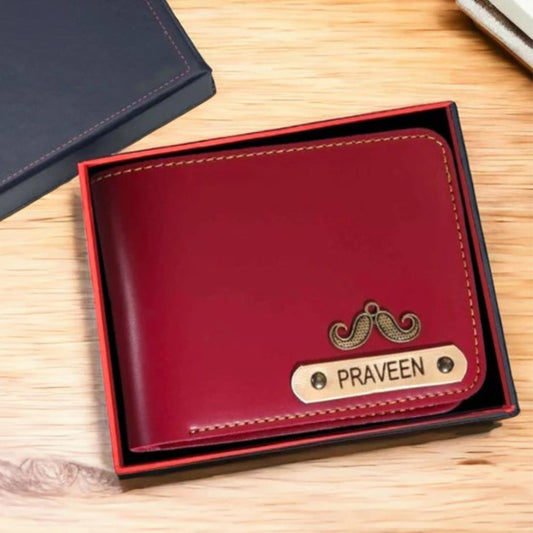 Men's Faux Series Leather Wallet with Name and Charm - Wine / Red - Right Marc