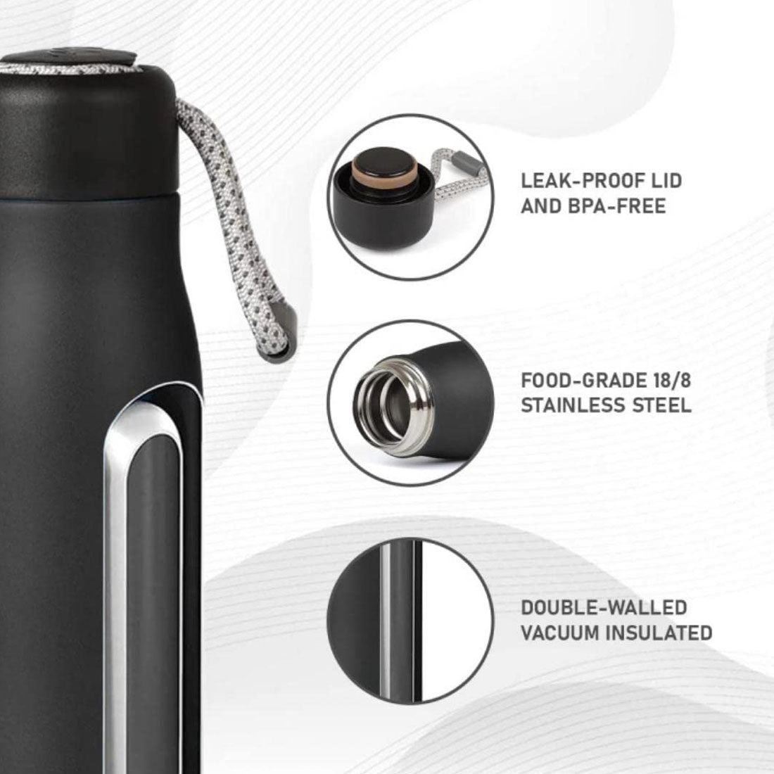 Stainless Steel Insulated Black Bottle with Rope 550ml - Right Marc