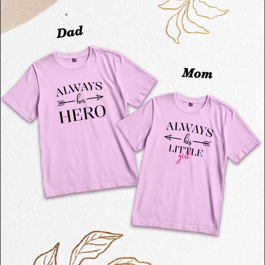 Her Hero & His Little Girl Matching Family Cotton T-Shirts - Round Neck, Half Sleeve (D21)
