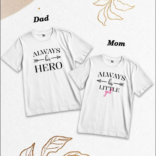 Her Hero & His Little Girl Matching Family Cotton T-Shirts - Round Neck, Half Sleeve (D21)